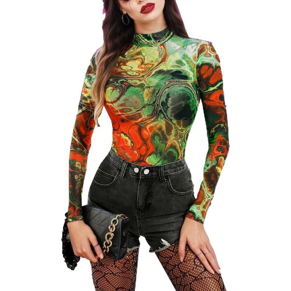 Women Orange Long Sleeve Mock Neck Fitted Sexy See Through Mesh Going Out Tops